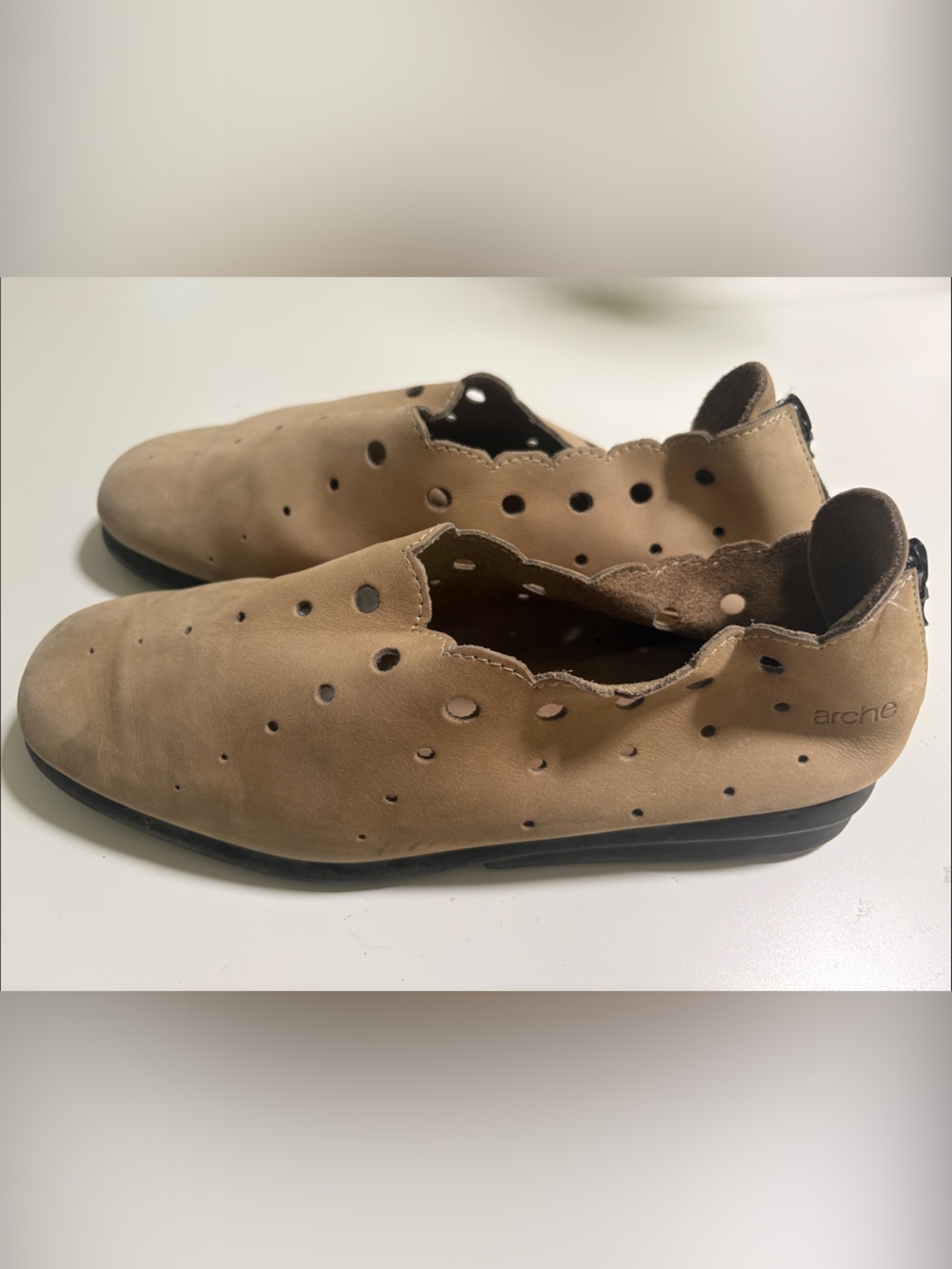 Arche Beige Perforated Scalloped Leather Flats